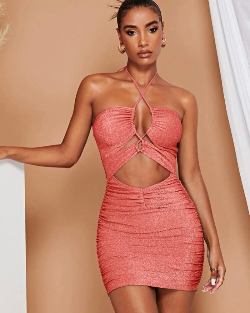 Coral Orange Crisscross Cut Out Front Ruched Glitter Halter Bodycon Dress