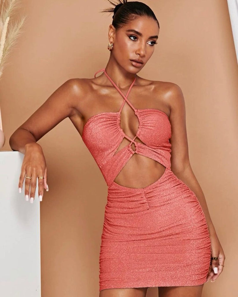 Coral Orange Crisscross Cut Out Front Ruched Glitter Halter Bodycon Dress