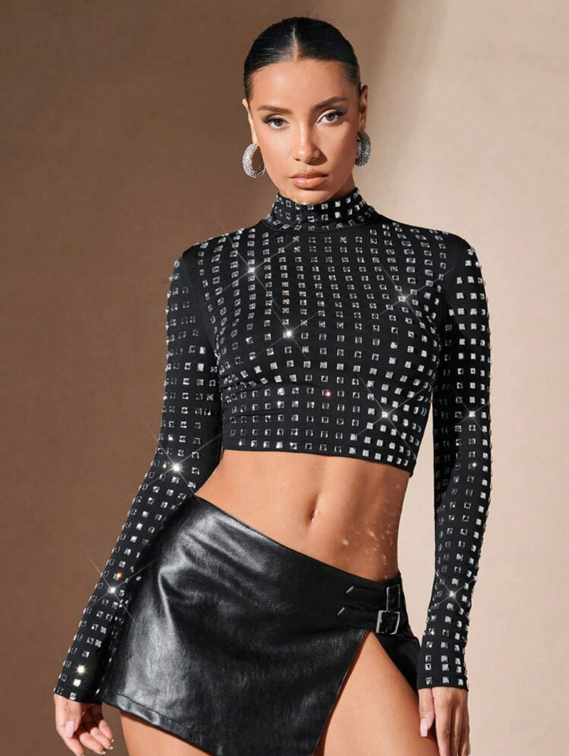 BAE Mock Neck Rhinestone Crop Tee