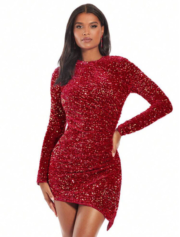 BAE Christmas Asymmetrical Hem Sequin Bodycon Dress