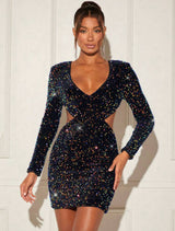 BAE Plunging Neck Cut Out Waist Sequin Bodycon Dress