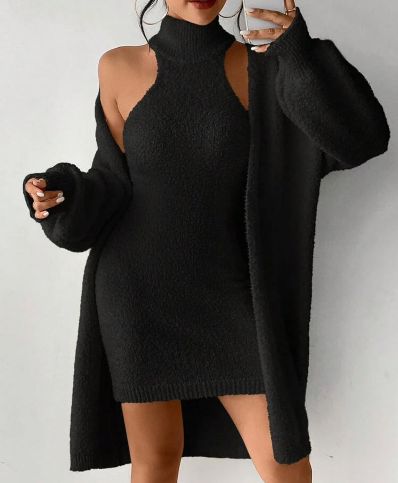 LUNE Halter Bodycon Sweater Dress & Drop Shoulder Cardigan