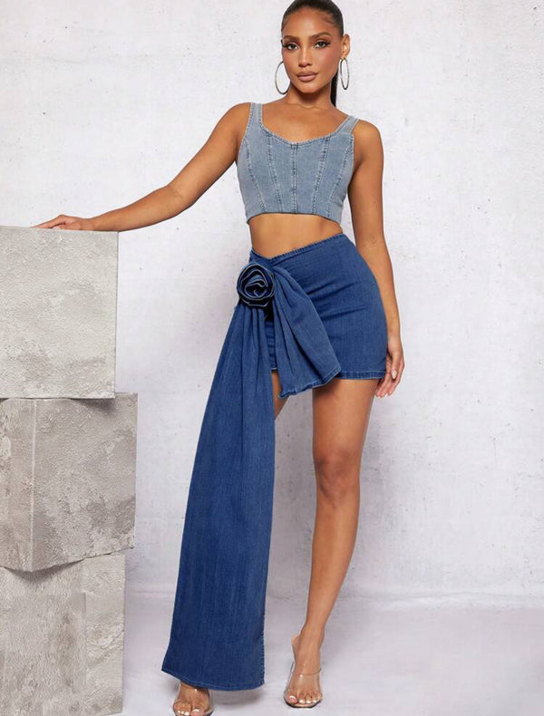 Asavvy 3D Rosette Draped Side Denim Skirt