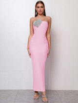 Modphy Women's Pink Heart Rhinestone Strapless Backless Long Dress