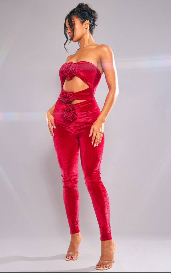 Red Velvet Cut Out Corsage Detail Bandeau Jumpsuit