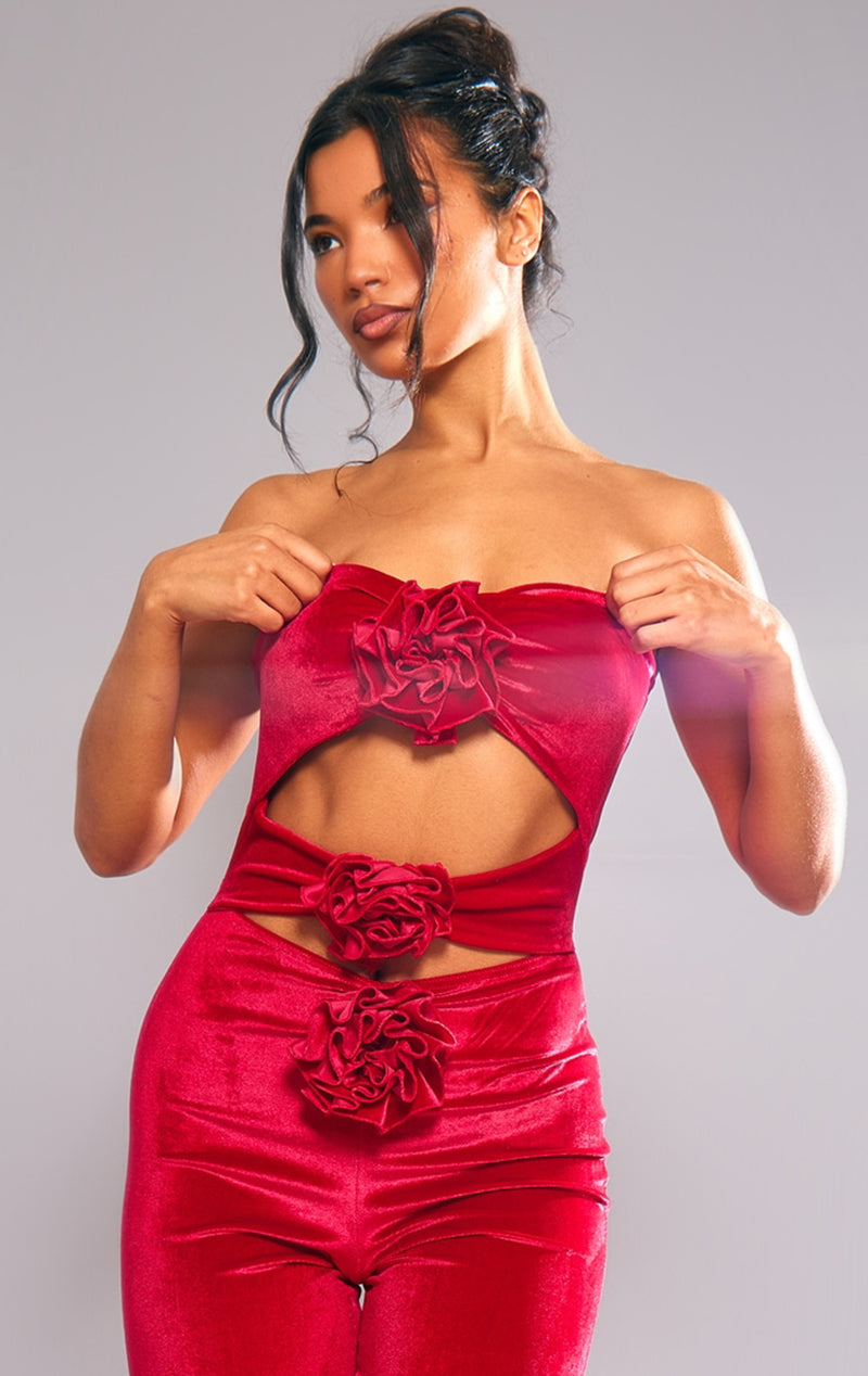 Red Velvet Cut Out Corsage Detail Bandeau Jumpsuit