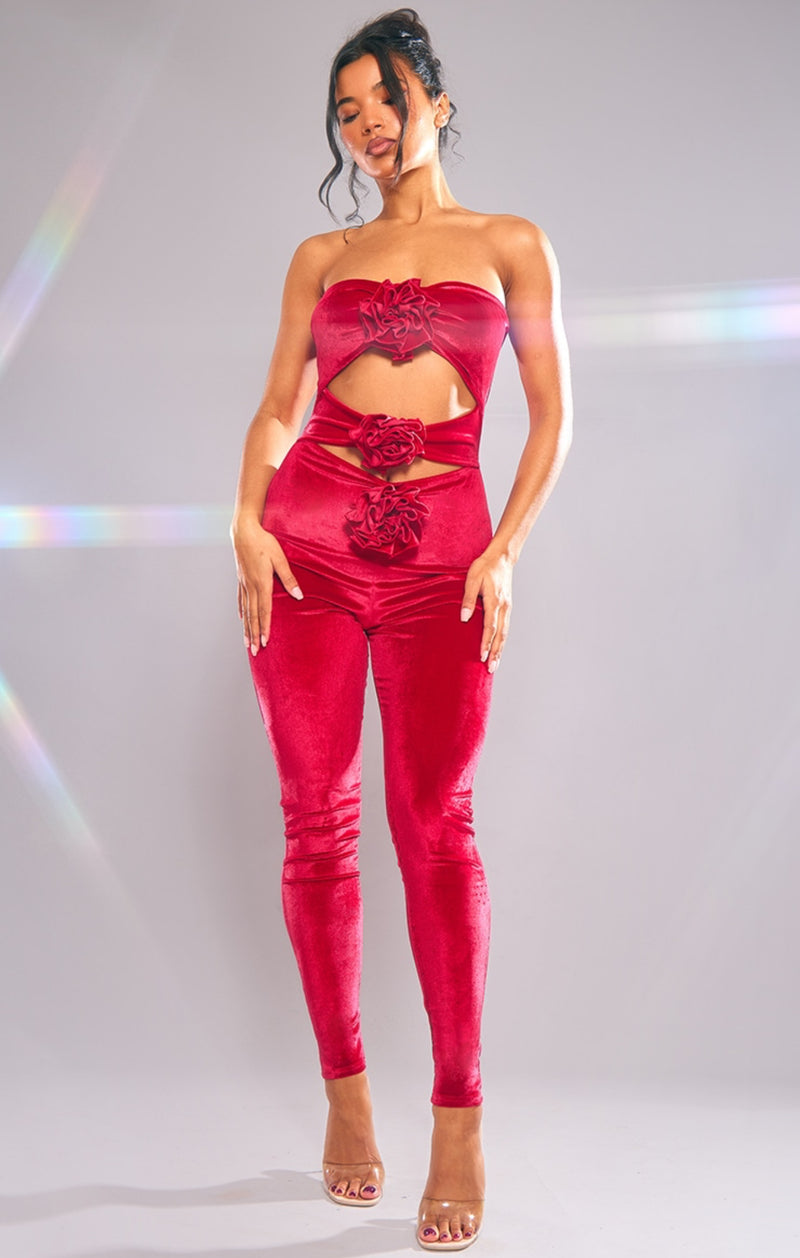 Red Velvet Cut Out Corsage Detail Bandeau Jumpsuit