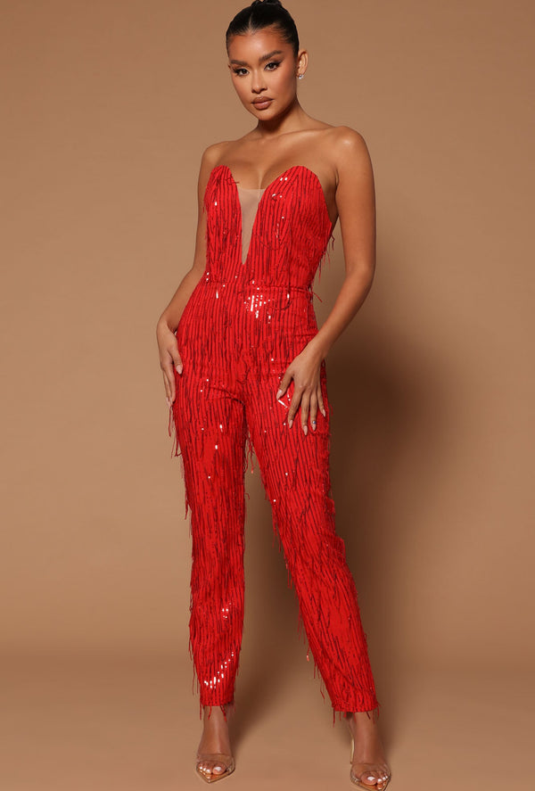 Red Kaia Sequin Jumpsuit