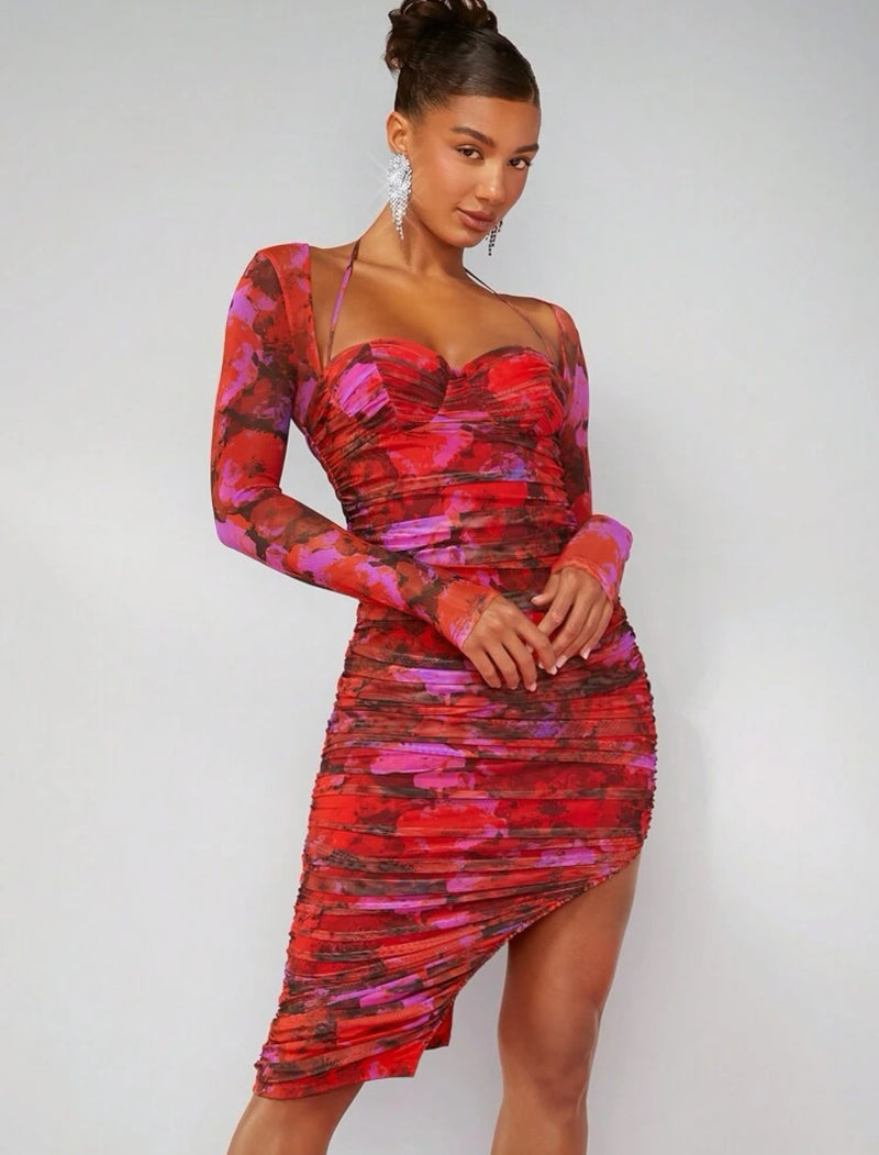 BAE Floral Print Ruched Asymmetrical Hem Mesh Dress