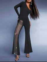 Clara Rhinestone Detail Asymmetrical Neck Mesh Insert Flare Leg Jumpsuit