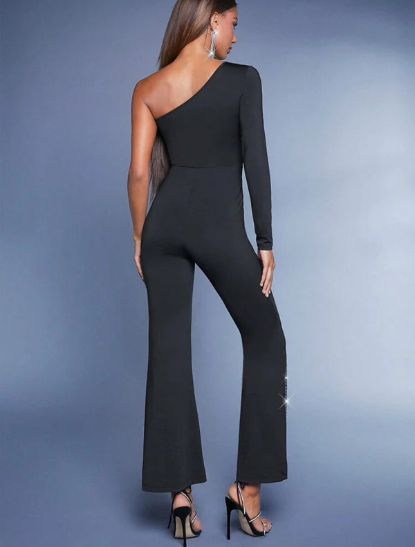 Clara Rhinestone Detail Asymmetrical Neck Mesh Insert Flare Leg Jumpsuit