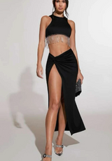 BAE Rhinestone Fringe Trim Crop Tank Top & Twist Split Thigh Skirt